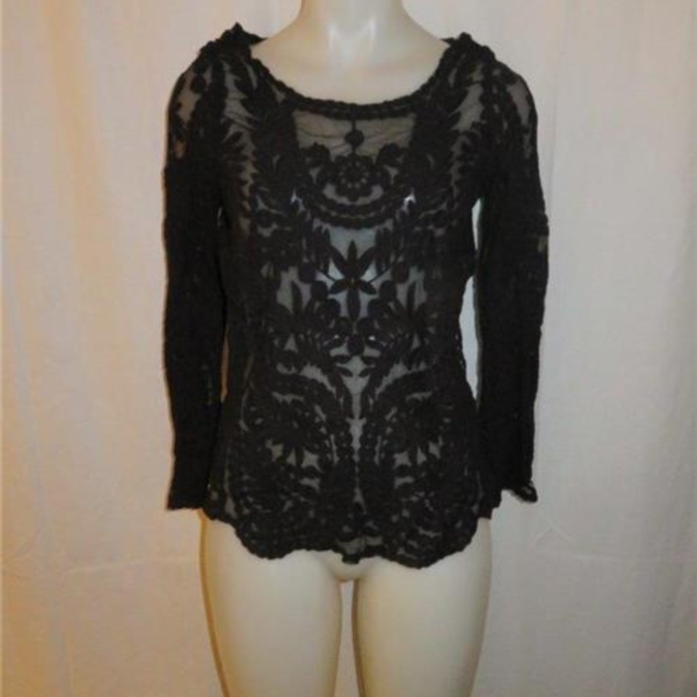 NWT WOMENS CHOIES BLACK  LACE MESH SHEER TOP S